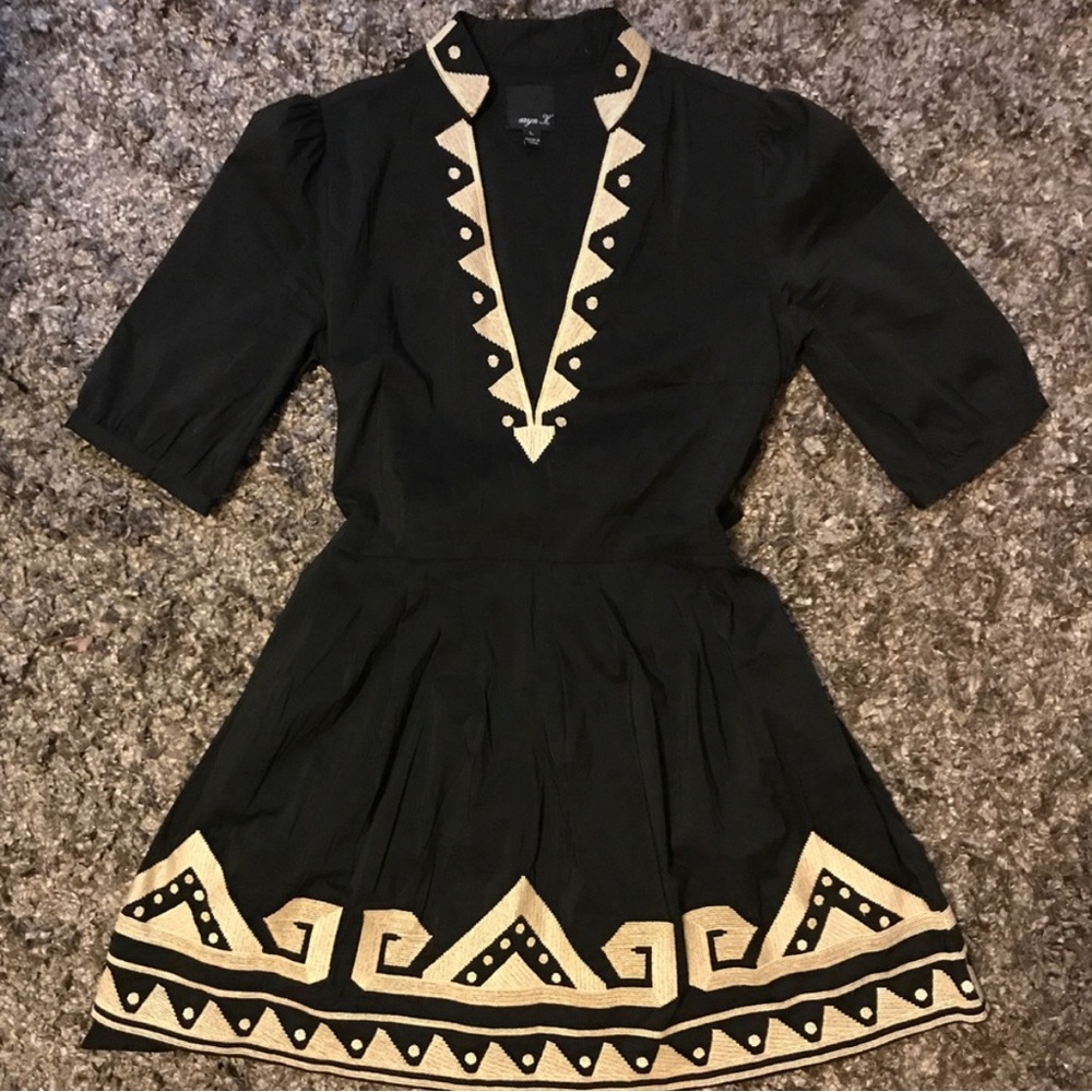 Aryn K Black Tan Embroidered‎ Tie Fit Flare Boho Tunic Top Dress Small S